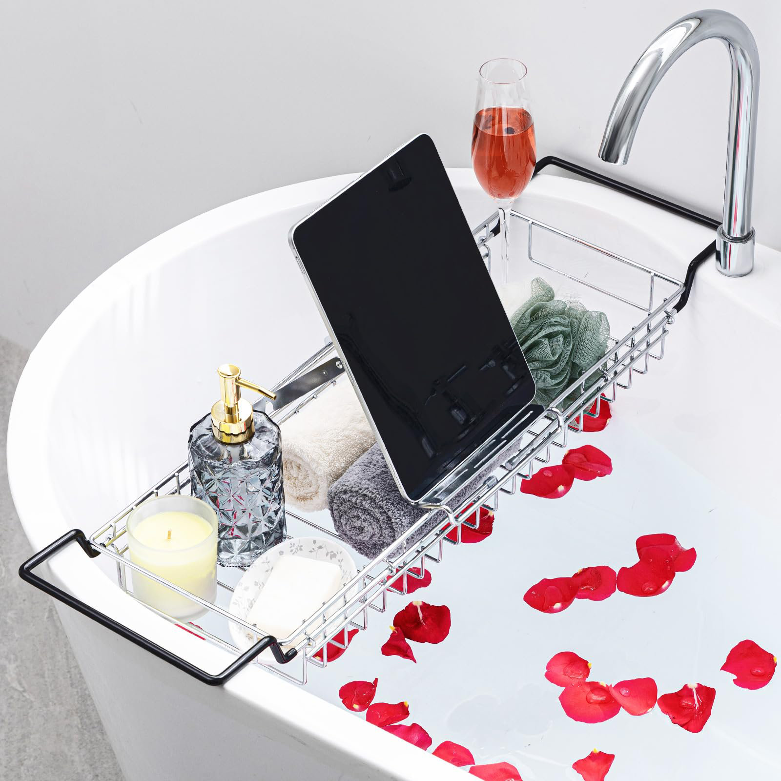 Luxury shops Bathtub Caddy Tray with Wine Glass Holder Phone Holder Expandable Table